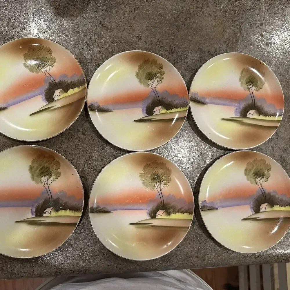 Vintage Hand Painted Made In Japan Plate Set Outdoor House Tree 6”